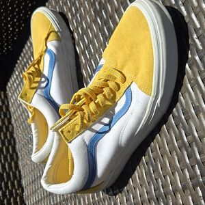 Yellow and White Sneakers with Blue Accent